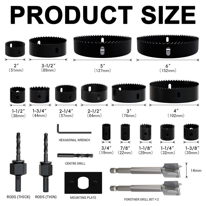 METOTO 22PCS Hole Saw Set - High Carbon Steel 19-152mm（3/4" to 6"） Blades for Drywall, Soft Wood, Plastic, PVC Professional Grade with Instant Support - Image 2